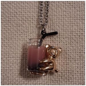 Gold and Pink Bear Pendant Necklace